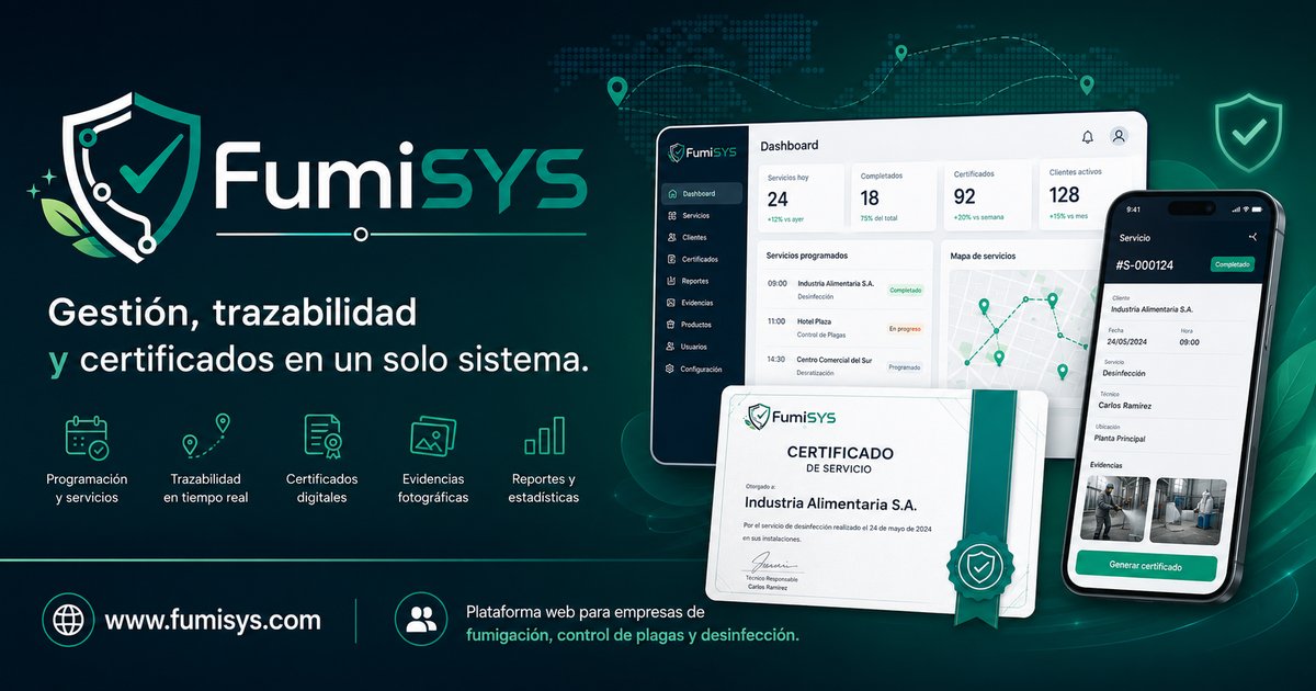 FumiSYS en escritorio y móvil: dashboard, certificado y app de campo